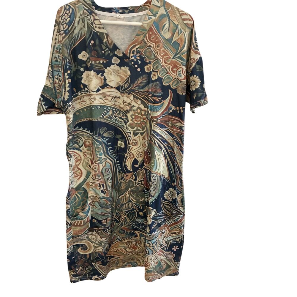 Womens T Shirt Dress XL Shift Maxi Paisley Pockets Cotton-Like Casual Coastal